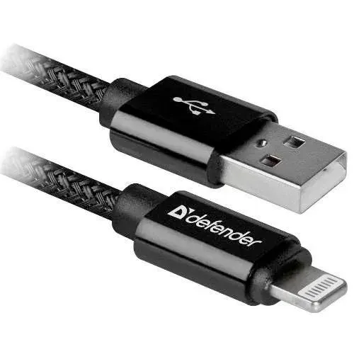 Кабель для мобильных устройств USB-Am Lightning Defender ACH01-03T PRO AM-LightningM тканевая оплётка медный проводник - 1м чёрный