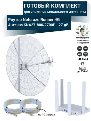 Мобильный интернет на даче, за городом 3G/4G/WI-FI. Комплект роутер Netcraze Runner 4G с антенной усилитель KNA27-800/2700P