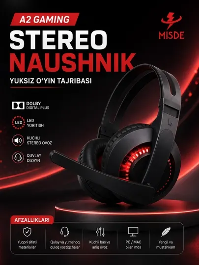 A2 Gaming Стерео Игровые Наушники с Микрофоном RGB LED для ПК, Ноутбука и Смартфона