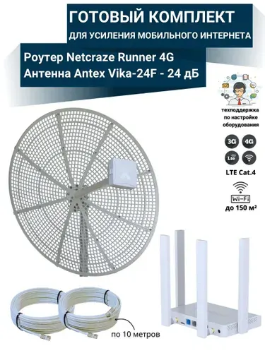 Интернет для дачи комплект роутер Netcraze Runner 4G с параболической антенной усилитель Vika-24F
