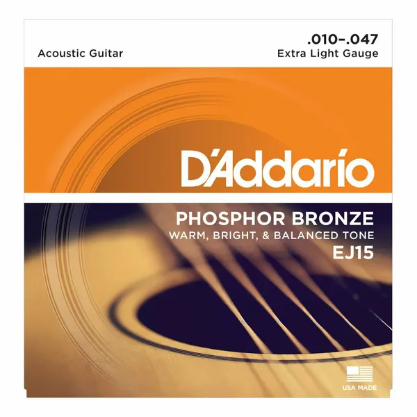 D'Addario EJ15 Phosphor Bronze Струны для акустической гитары Extra Light 10-47 металлические / Комплект струн Дидарио фосфорная бронза 10-47
