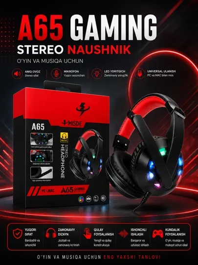 A65 Gaming Стерео Игровые Наушники с Микрофоном RGB LED для ПК, Ноутбука и Смартфона