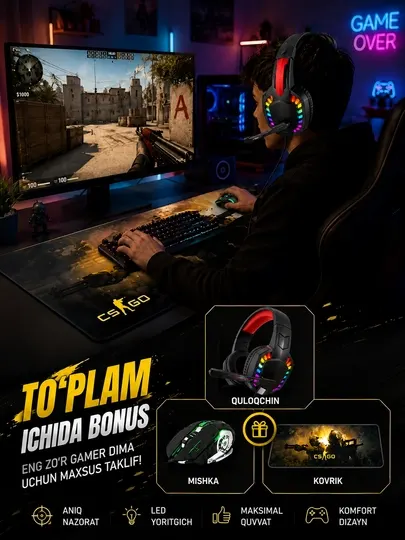 Игровая гарнитура A68+, мышь RGB + большой коврик в комплекте