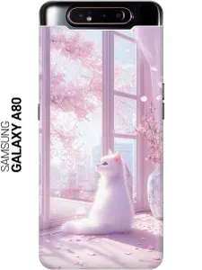 Силиконовый чехол на Samsung Galaxy A80 / A90 с принтом "Белый котик и сакура"
