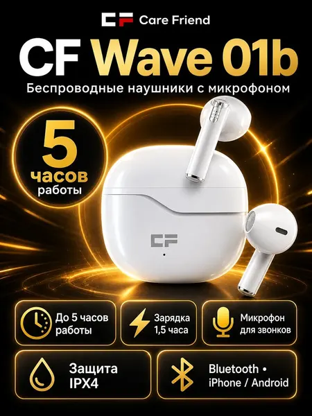 Наушники беспроводные CF PRO WAVE 01W с микрофоном внутриканальные, белые, TWS, Bluetooth