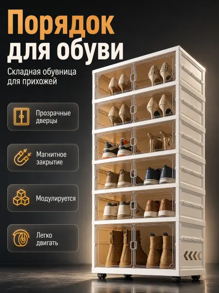 Шкафчик для обуви складной 6 полок, белый, пластиковый