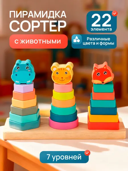Рыжий кот. Развивающая деревянная игрушка пирамидка сортер головоломка