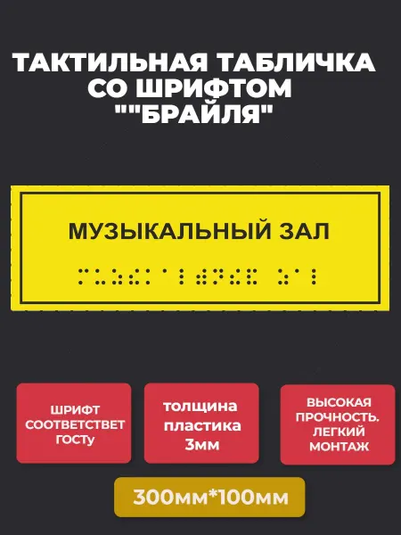 АнтислипРФ Тактильная табличка "МУЗЫКАЛЬНЫЙ ЗАЛ" 300*100мм-1шт