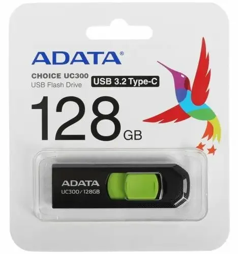 Память OTG USB Flash 128 ГБ ADATA UC300 (ACHO-UC300-128G-RBK/GN) - USB 3.2 Gen1/USB Type-C, до 100 Мбайт/сек, выдвижной (слайдер), пластик