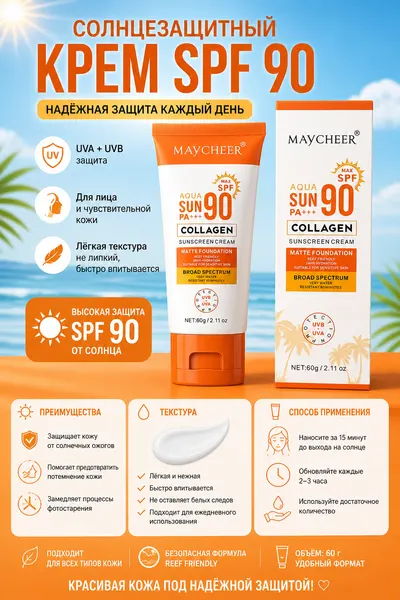 MAYCHEER Солнцезащитный крем+коллаген, крем от загара, очень водостойкий 60 мин, max SPF90, PA+++,60 гр
