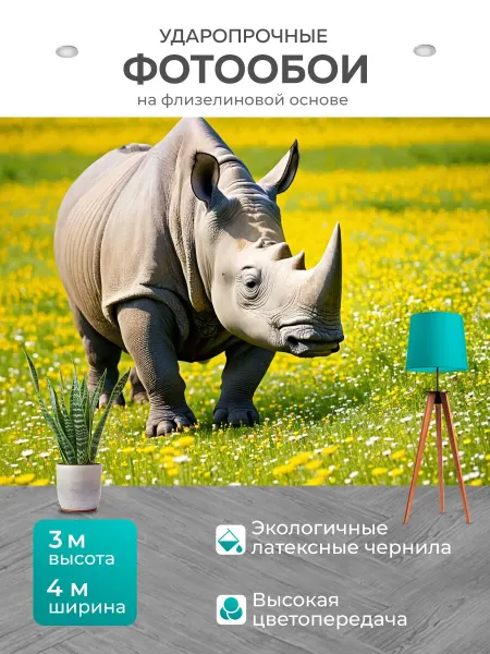 LotsPrints Фотообои "Носорог, стоящий на цветущей лужайке." 4x3м