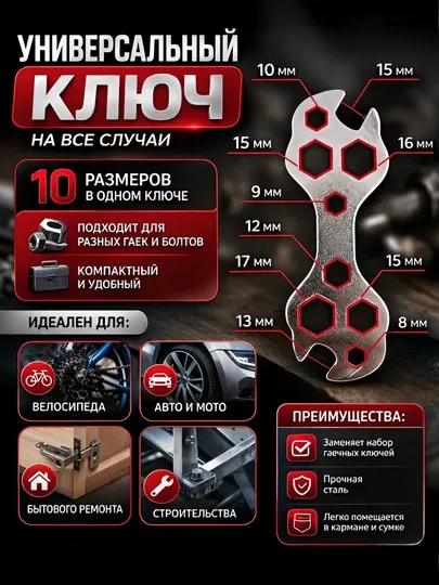 Мультиключ для велосипеда 8–17 мм, Универсальный ключ 16 в 1, гаечный ключ для велосипеда - Велоинструменты