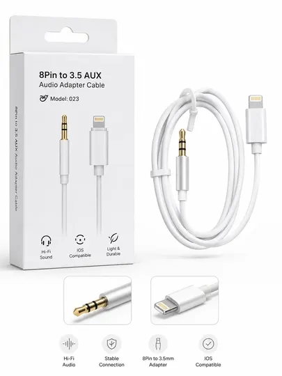 Аудио кабель-адаптер с 8Pin на 3.5 мм AUX для iPhone, модель 023, белый - Коннекторы