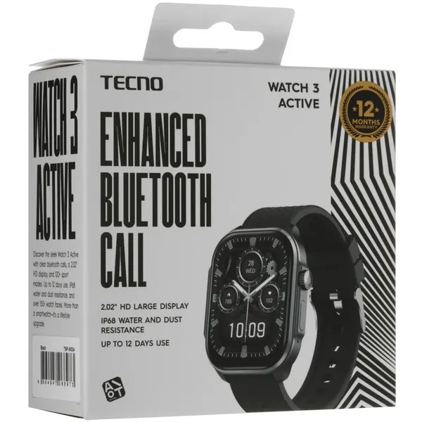 Смарт-часы Tecno Watch 3 Active, 2.04" IPS, 284x240, IP68, 350 мА*ч, черный