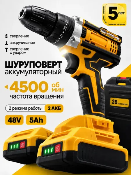 Шуруповерт аккумуляторный для дома с 2 АКБ и кейсом