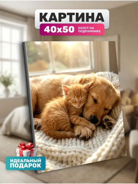 Diamond pixel Картина на стену Котенок и пес 40х50