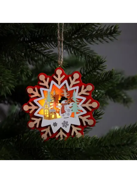 Luazon Lighting Ёлочная игрушка "Снежинка со снеговиком", тёплое свечение