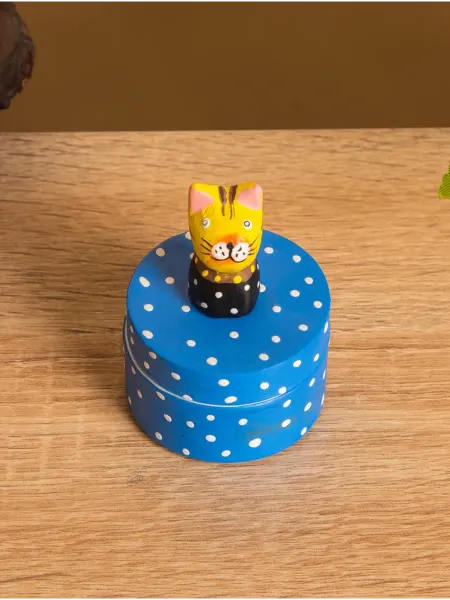 Нет бренда Сувенирная шкатулка Котик из дерева синяя 5x5x7.5 см