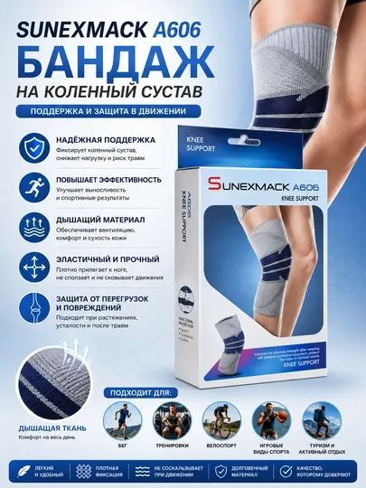 Спортивный фиксатор коленного сустава Sunexmack A606 - Суппорты и кинезиотейпы