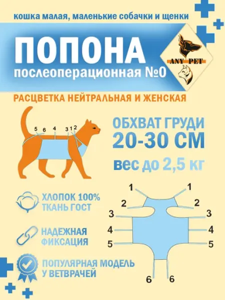 ANY PET Попона послеоперационная №0 маленькие кошки и собачки