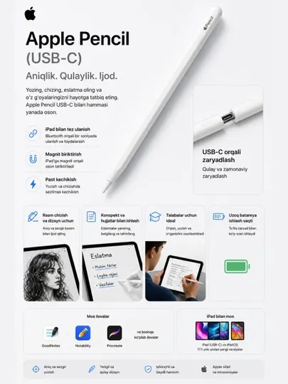 Стилус Apple Pencil USB-C для iPad, магнитное крепление, высокая точность