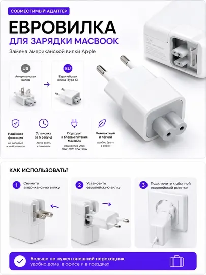 Европейская вилка для зарядного устройства MacBook Apple Замена американской вилки