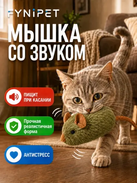 FYNIPET Интерактивная игрушка для кошек мышка-пищалка со звуком
