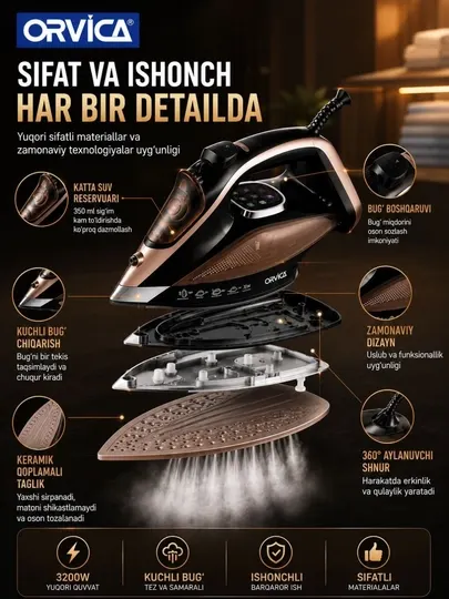 Паровой утюг ORVICA ORM-3544, 3200 Вт, керамическая подошва, автоотключение - Утюги и отпариватели