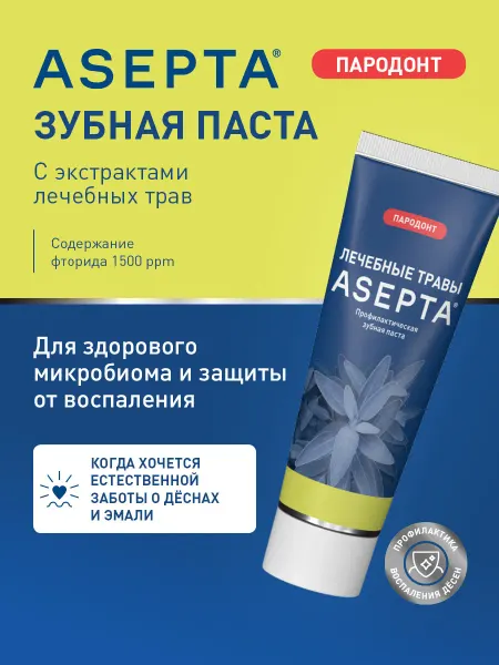 Асепта Зубная паста Лечебные травы с фтором, 75мл