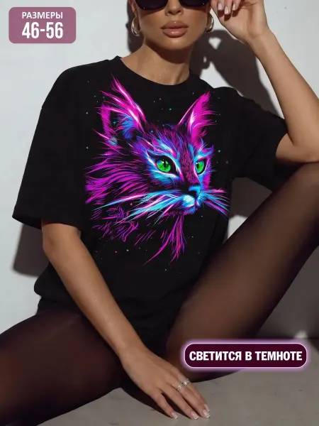 Мersik Футболка черная светящаяся Кошка