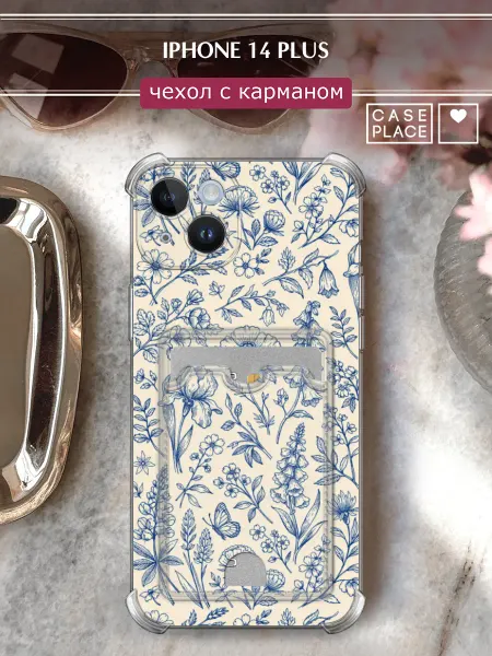 Case Place Чехол на iPhone 14 Plus с карманом с цветочками