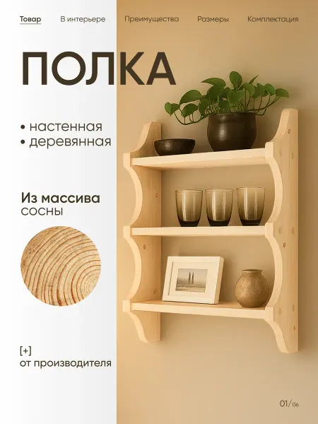 Полка деревянная 60x67х13см, настенная, массив сосны