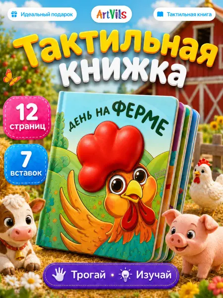 ARTVILS Тактильная развивающая книга игрушка для малышей. Ферма