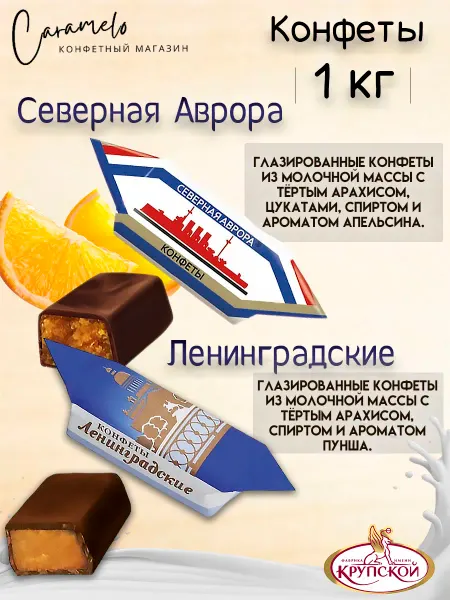 КОНДИТЕРСКАЯ ФАБРИКА ИМ. Н.К. КРУПСКОЙ Конфеты Северная Аврора и Ленинградские, 1 кг
