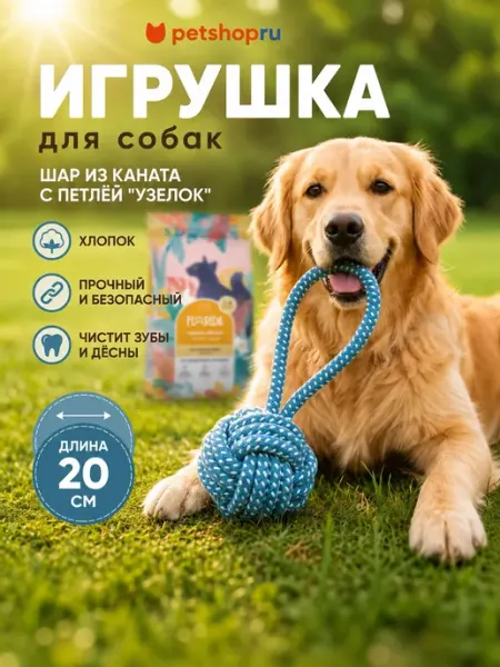PetShop Игрушка для собак шар из каната с петлей "Узелок", 20 см