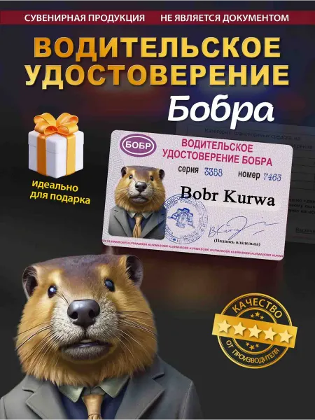 Dufka Сувенирное водительское удостоверение бобр мем bobr kurwa