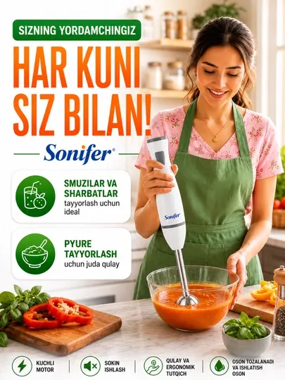 Ручной блендер Sonifer 200 Вт для смузи, коктейлей, пюре, соусов и напитков - Измельчение и смешивание
