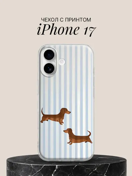 ПиктурКейс Чехол на iPhone 17 с принтом Таксы на полосатом фоне