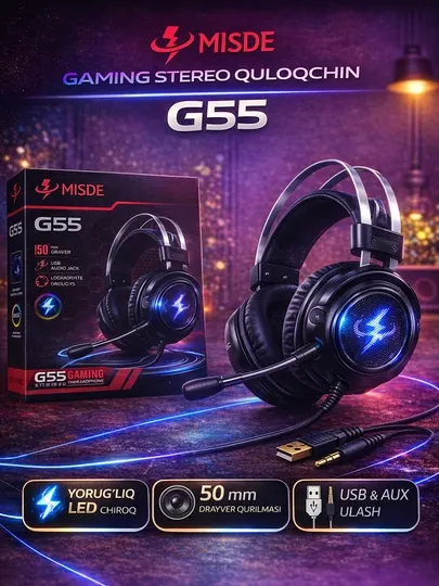 Игровые наушники MISDE G55, стерео звук, микрофон, LED подсветка, USB и AUX