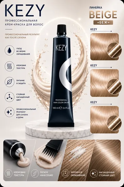 Краска для волос KEZY INVOLNE COLOR светлый блондин бежевый 8.2 100МЛ, стойкая, без парабенов, для стойкого окрашивания