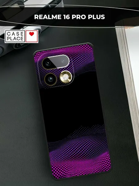Черный матовый чехол на Realme 16 Pro+ / Реалме 16 Про+ с принтом Розовый точечный градиент 2
