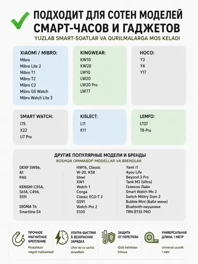 Зарядка для умных смарт часов 2,84мм 2pin Mibro/Hoco/Kingwear/Lemfo/Watch USB - Кабели и зарядные устройства