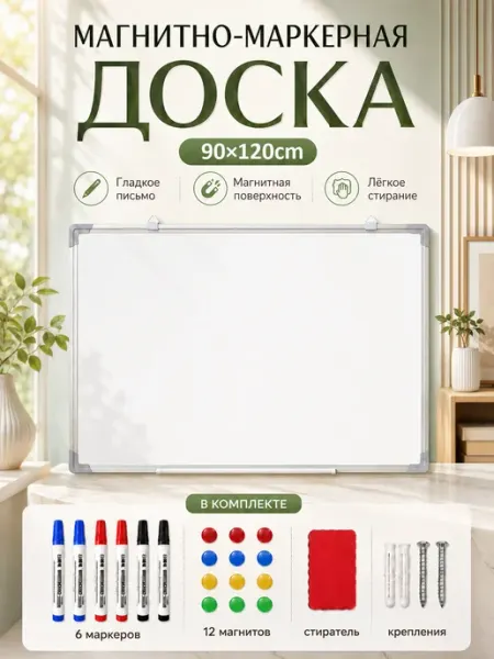 Доска магнитная маркерная ПВХ-рамка 90x120 см