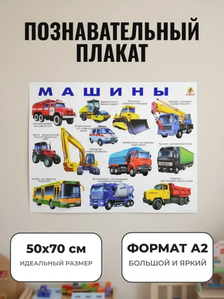 ЛИНГ Развивающий плакат А2 для детского сада и школы. Машины