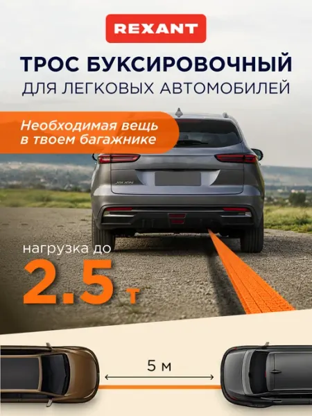 REXANT Трос автомобильный буксировочный длиной 5 м, 2.5 тонны