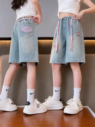 Джинсовые шорты бермуды для девочек baggy denim