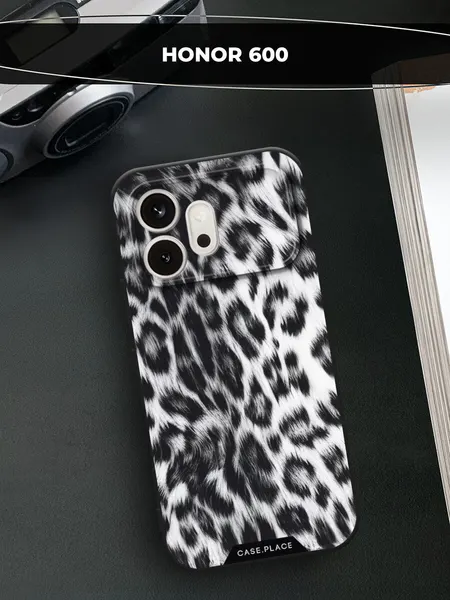 Черный матовый чехол на Honor 600 / Хонор 600 с принтом Снежный леопард