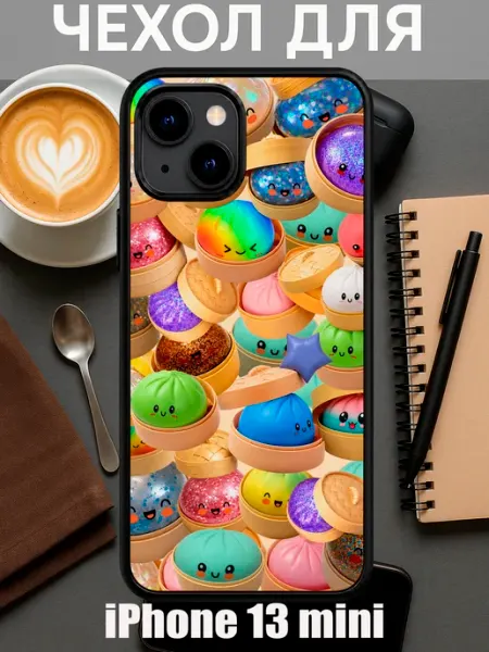 Чехол на iPhone 13 Mini с принтом дамплинг пельмешки коллаж