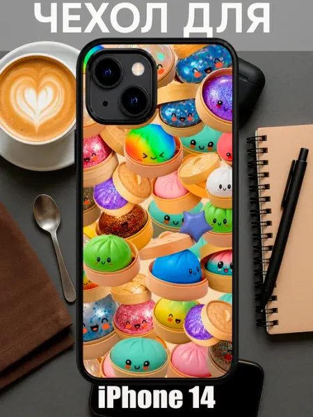 Чехол на iPhone 14 с принтом дамплинг пельмешки коллаж