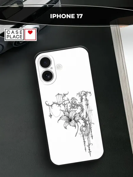Черный матовый чехол на Apple iPhone 17 / Айфон 17 с принтом Готическая лилия